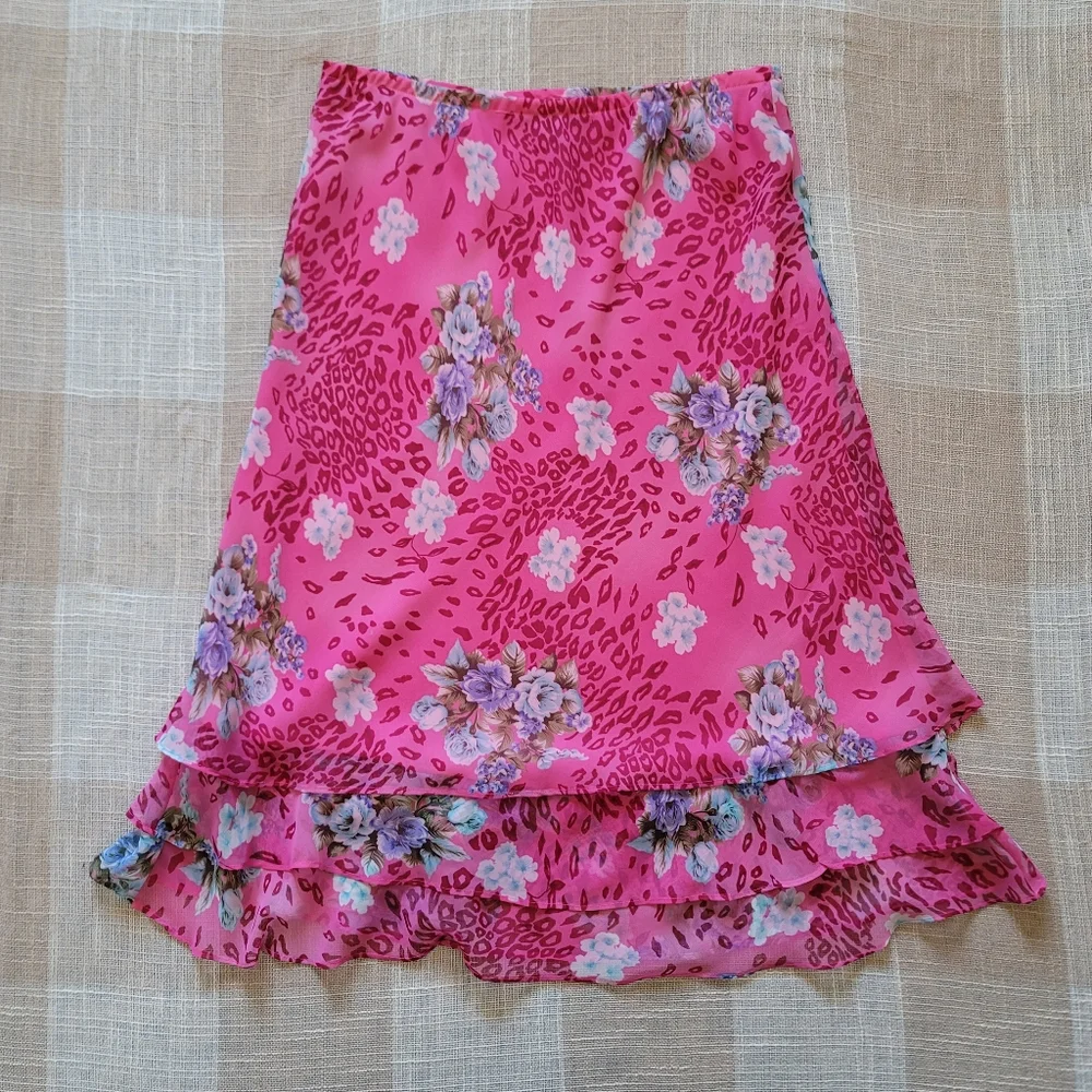 y2k McBling Mobwife Leopard Print & Floral Ruffled Midi Skirt - Picture 1 of 6